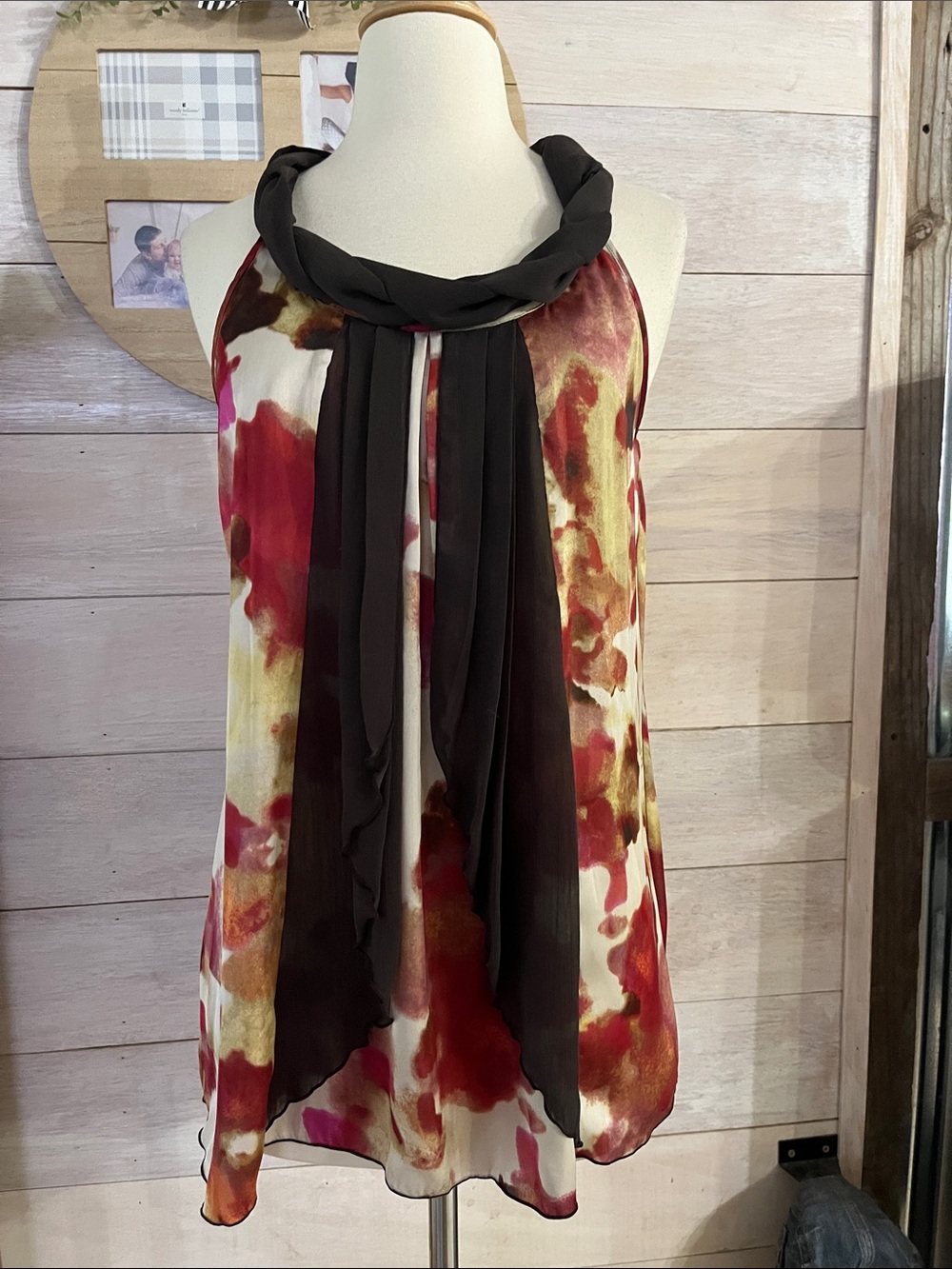 new directions Watercolor Floral Halter Scarf Top in Red, Brown and Cream M